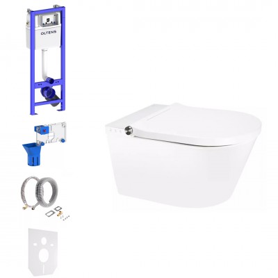 Oltens Triberg SmartFrisk zestaw WC podtynkowy 7w1 toaleta myjąca wisząca z powłoką SmartClean biała dozownik FreshClean 77509