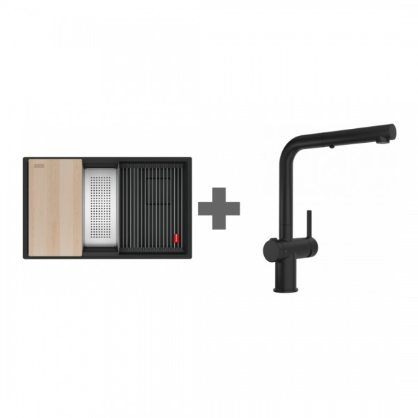Franke Kanon KNG PRO 160-46-21 zlewozmywak 76x46 cm Fragranit+ z baterią Active L Twist czarny mat 125.0749.687