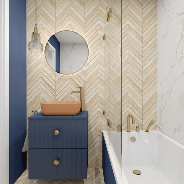 Mała, wąska łazienka z wanną w zabudowie