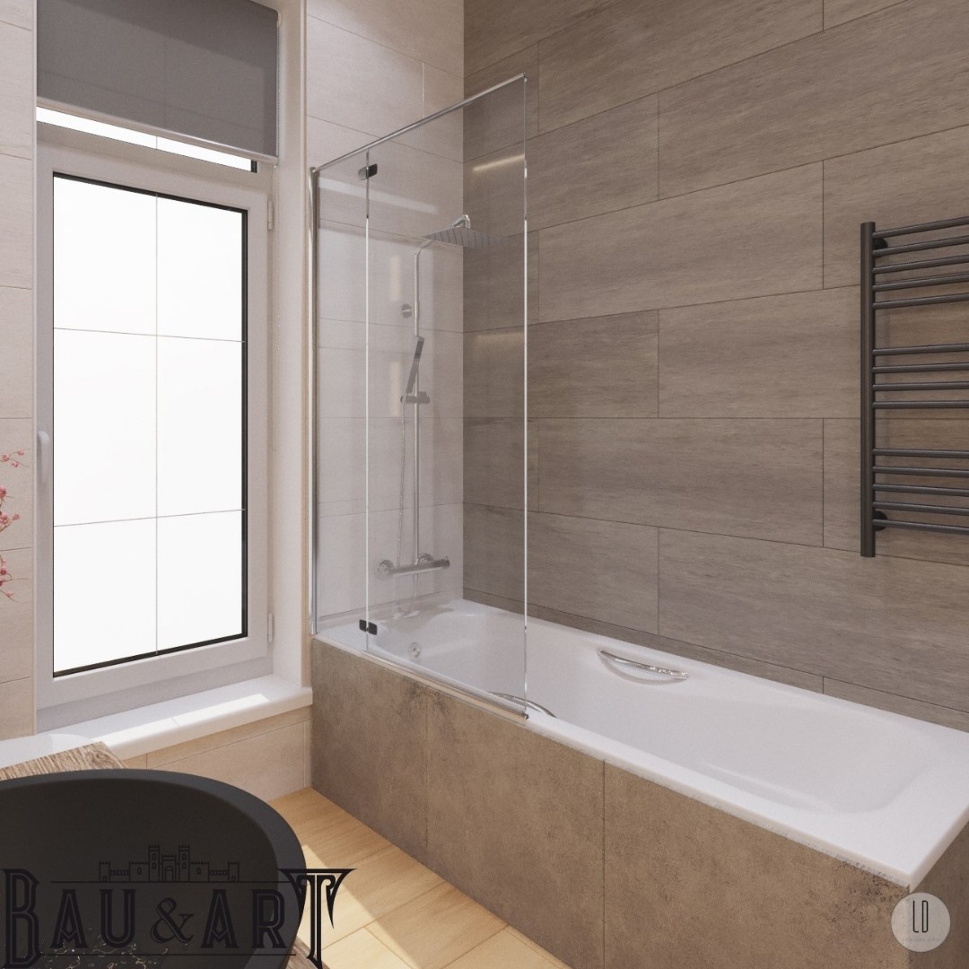 Projekt beżowej łazienki z wanną z parawanem!