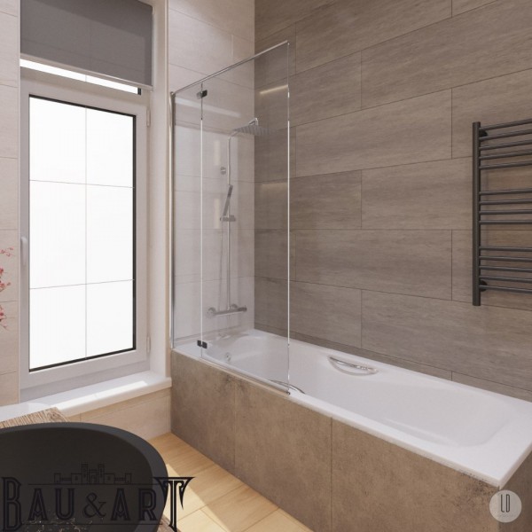 Projekt beżowej łazienki z wanną z parawanem!