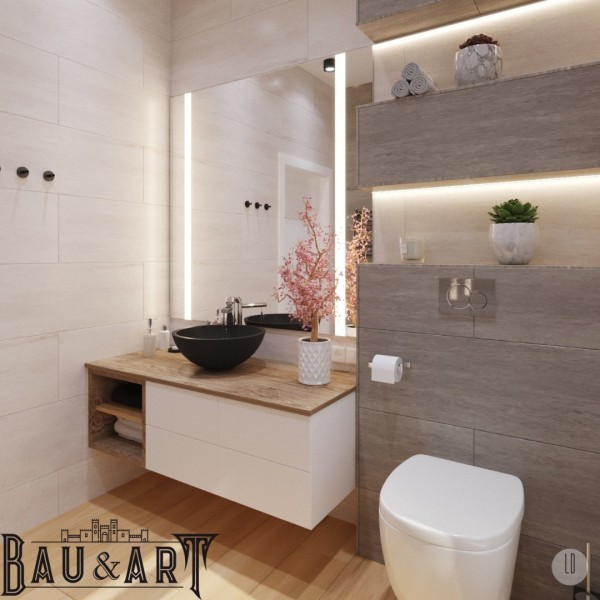 Projekt beżowej łazienki z wanną z parawanem!