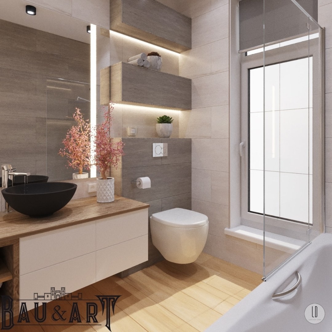 Projekt beżowej łazienki z wanną z parawanem!