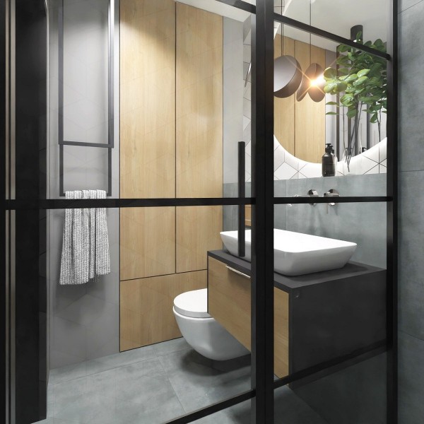 Mała łazienka z czarną kabiną prysznicową!