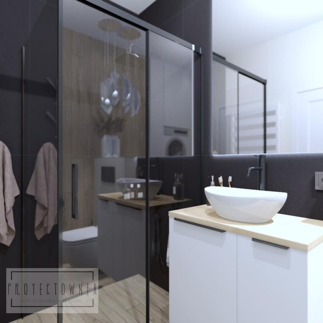 Mała łazienka z czarną kabiną prysznicową!