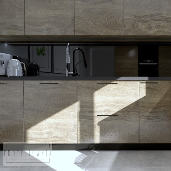 Projekt kuchni z drewnianymi frontami i czarnym blatem!