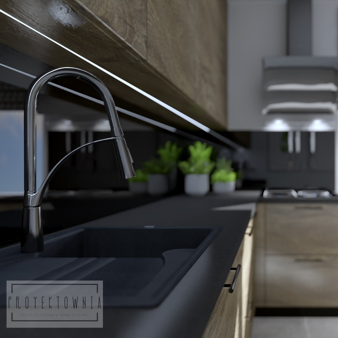 Projekt kuchni z drewnianymi frontami i czarnym blatem!