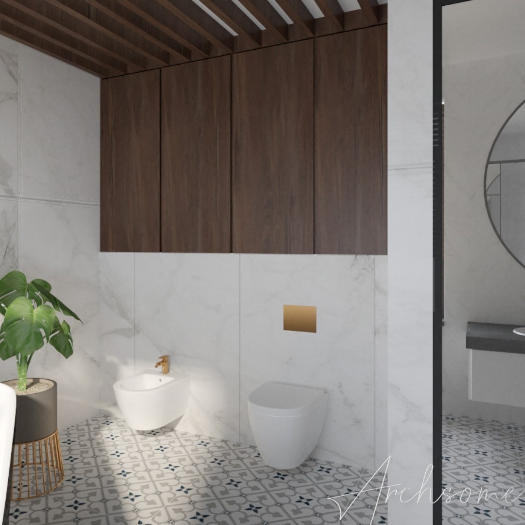 Łazienka z wanną wolnostojącą oraz złotą armaturą!