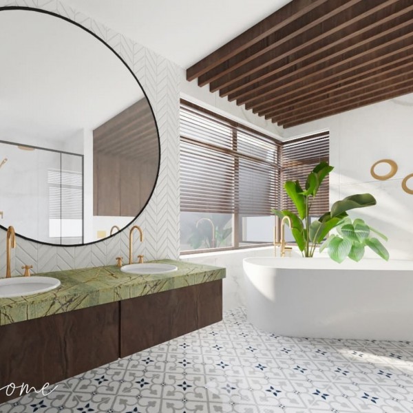 Łazienka z wanną wolnostojącą oraz złotą armaturą!