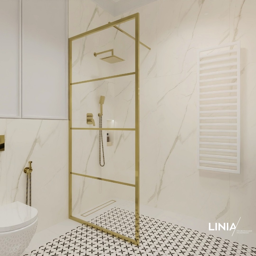 Łazienka w stylu Art Deco ze złotym prysznicem walk-in!