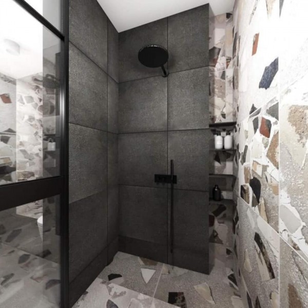 Czarna łazienka z dużą strefą prysznicową!