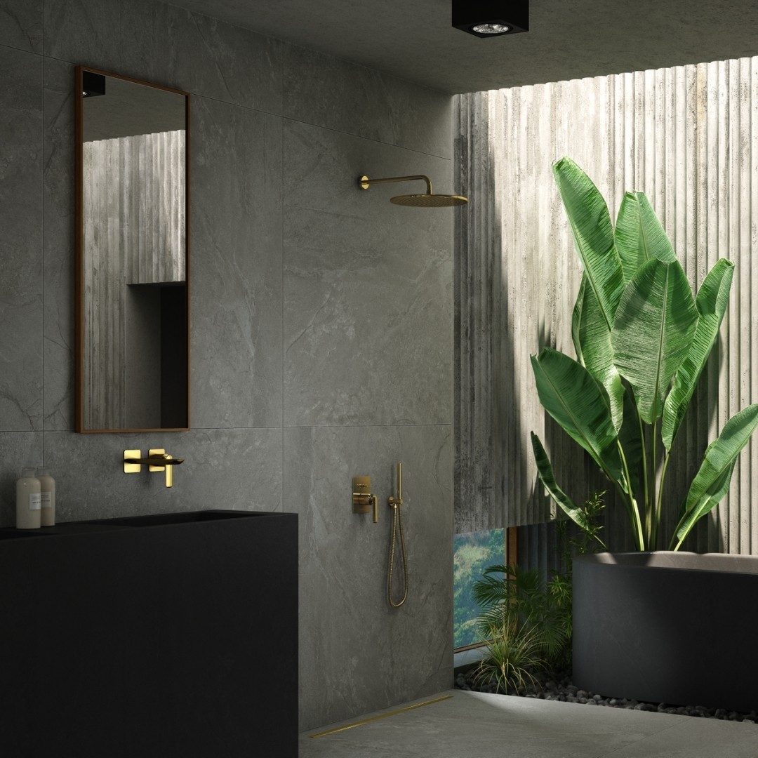 Inspiracje łazienkowe ze złotymi bateriami łazienkowymi Kohlman Experience Gold!