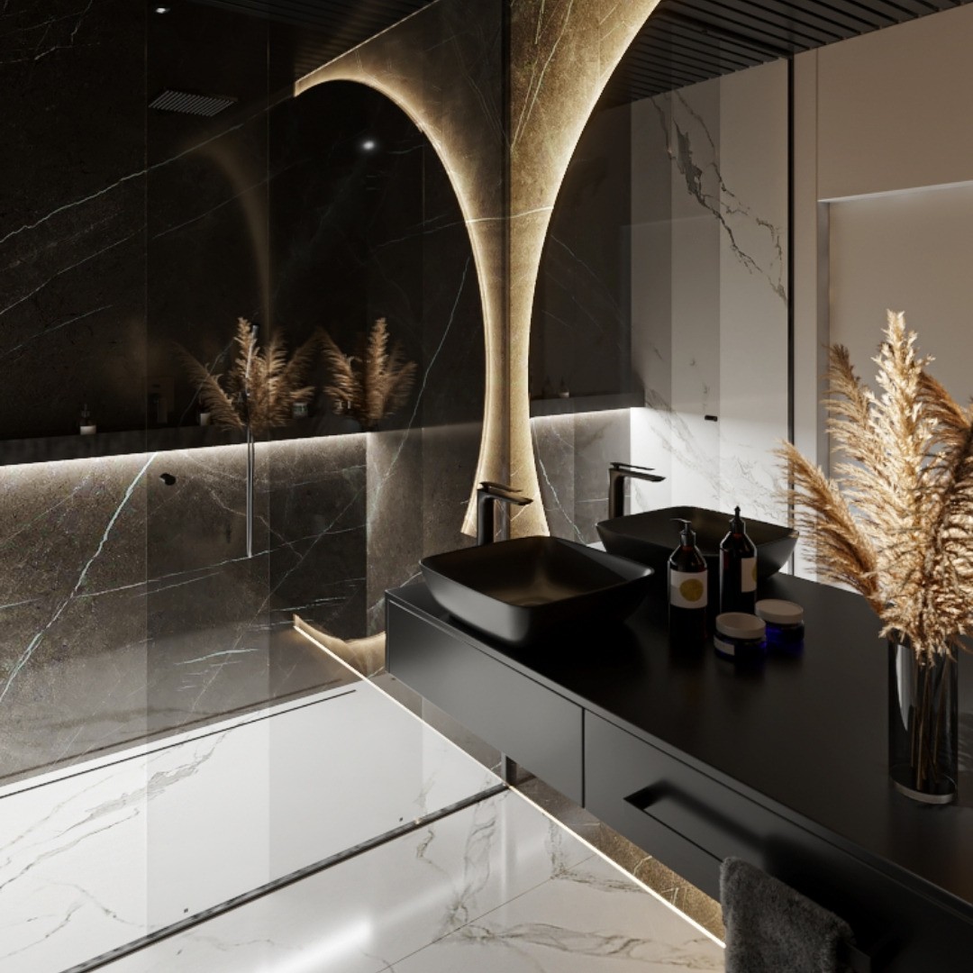 Czarna łazienka dla gości z prysznicem!