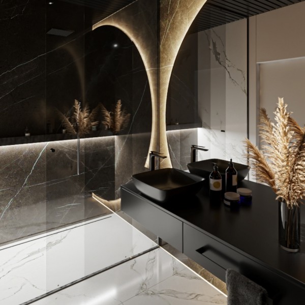 Czarna łazienka dla gości z prysznicem!