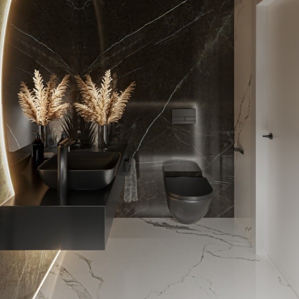 Czarna łazienka dla gości z prysznicem!