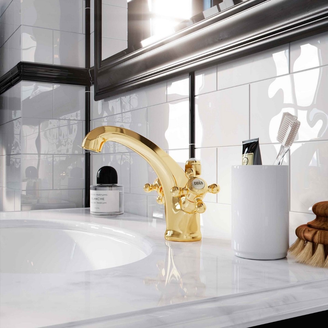 Inspiracje łazienkowe ze złotymi bateriami łazienkowymi Kludi Adlon!