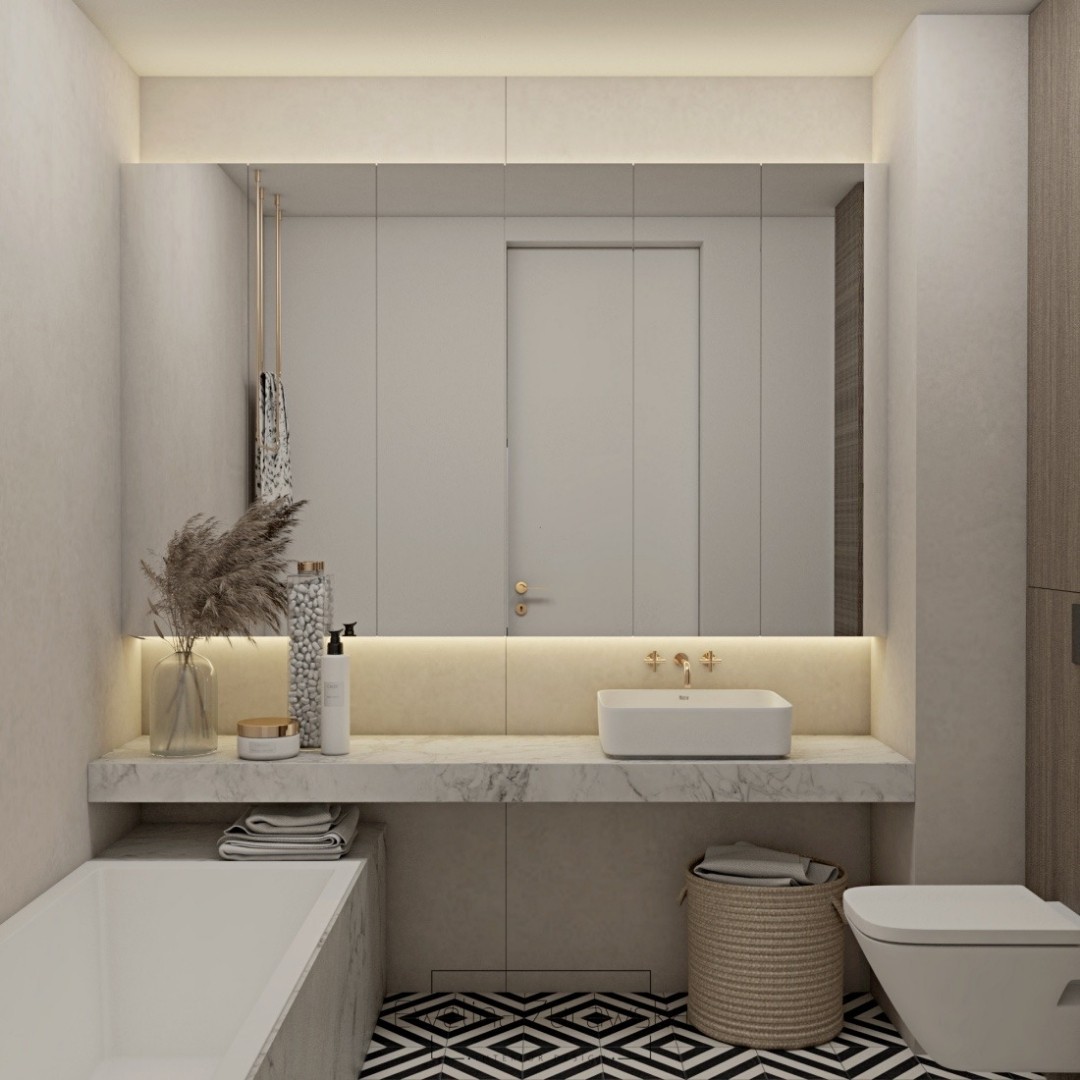 Mała beżowa łazienka z wanną!