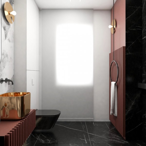 Nowoczesna łazienka z bordowym kolorem w roli głównej!