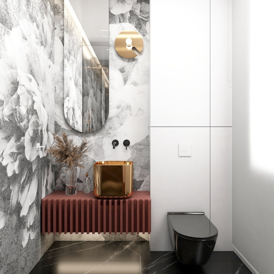 Nowoczesna łazienka z bordowym kolorem w roli głównej!