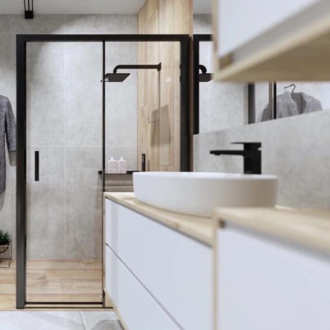 Łazienka w stylu skandynawskim z czarnym prysznicem walk-in!