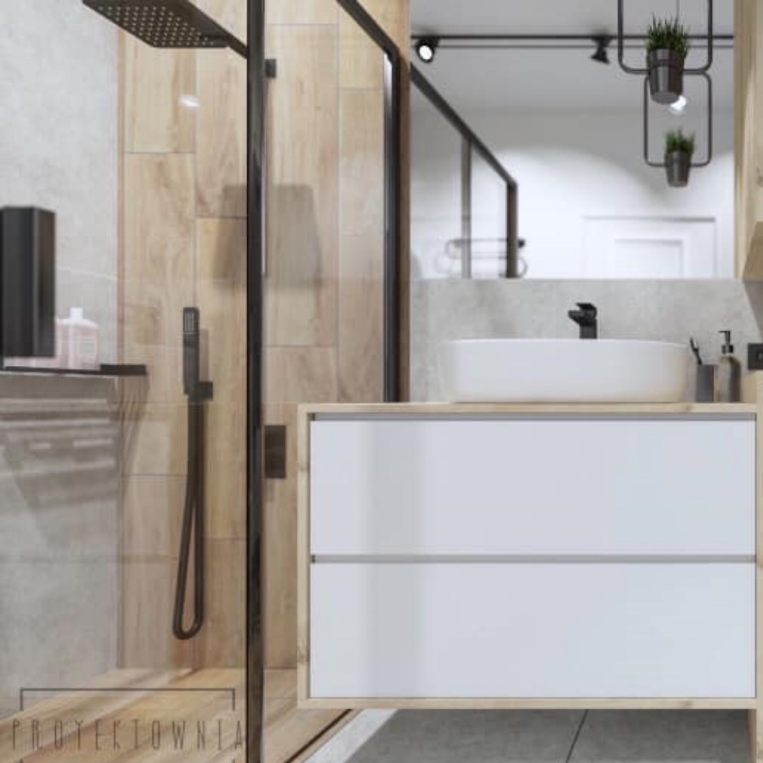 Łazienka w stylu skandynawskim z czarnym prysznicem walk-in!