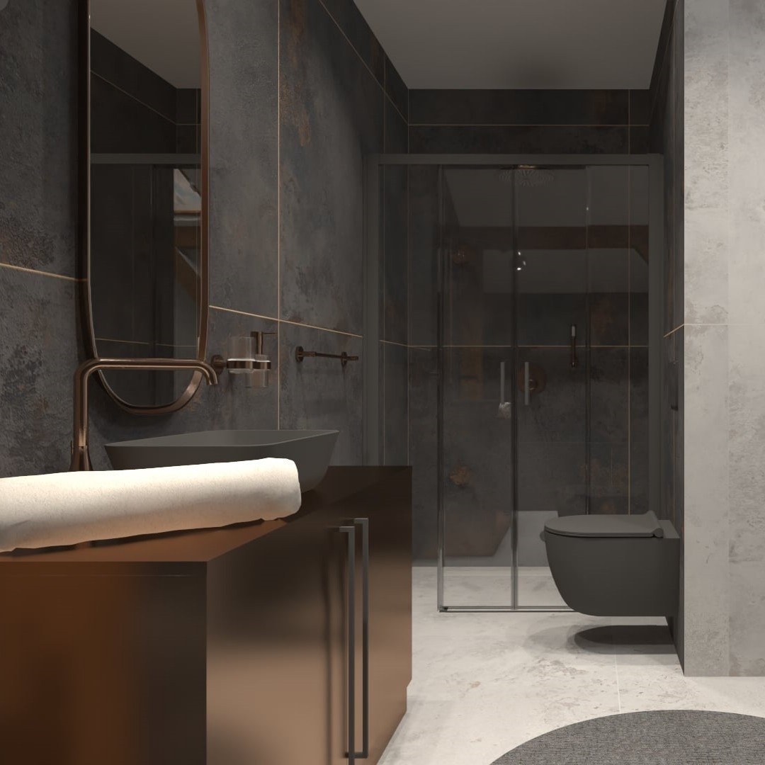 Czarna łazienka z miedzianymi bateriami Grohe Essence!