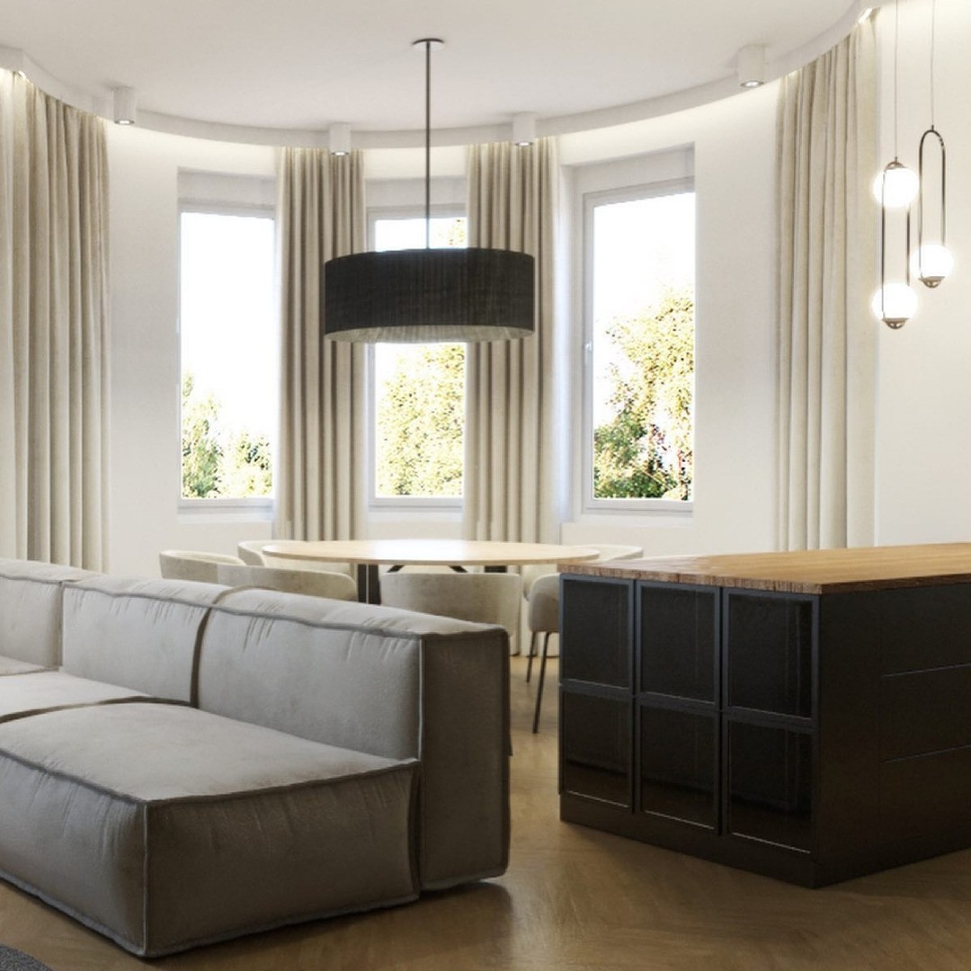 Projekt salonu z kuchnią w kamienicy!