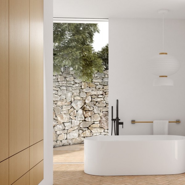 Łazienka w stylu Japandi z bateriami łazienkowymi Kohlman Roxin Black!