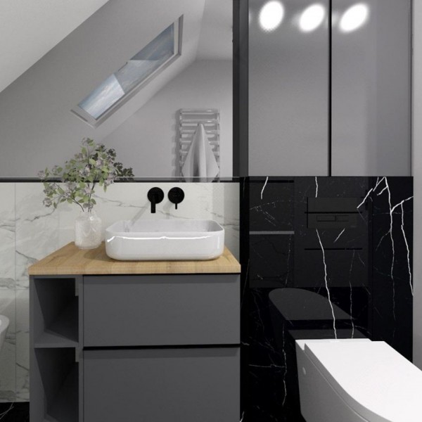 Projekt łazienki na poddaszu z płytkami marmuropodobnymi!