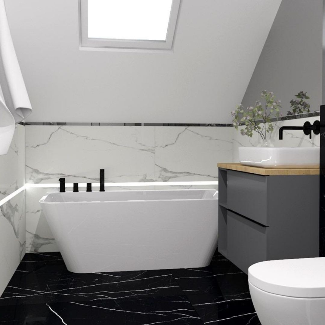 Projekt łazienki na poddaszu z płytkami marmuropodobnymi!
