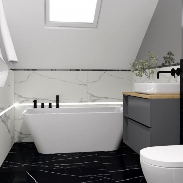 Projekt łazienki na poddaszu z płytkami marmuropodobnymi!
