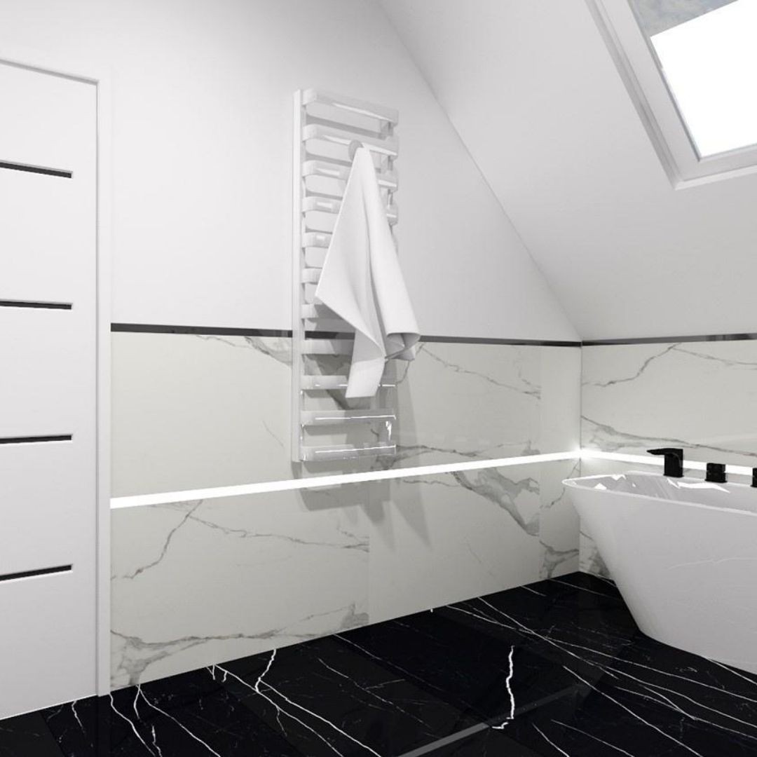 Projekt łazienki na poddaszu z płytkami marmuropodobnymi!