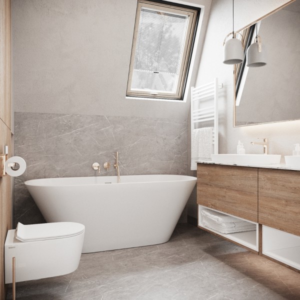 Złota łazienka na poddaszu z wanną wolnostojącą!