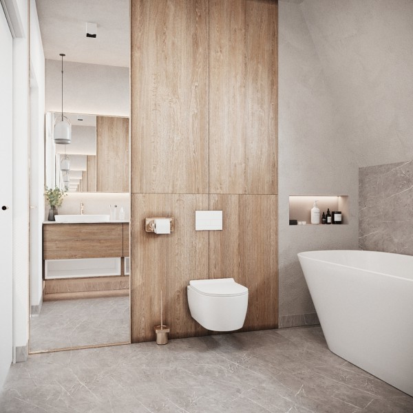 Złota łazienka na poddaszu z wanną wolnostojącą!