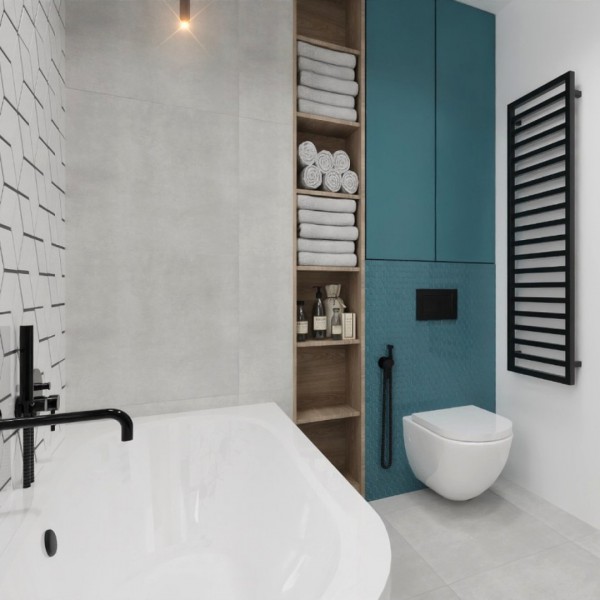 Eklektyzm barw i faktur w projekcie łazienki z oknem!