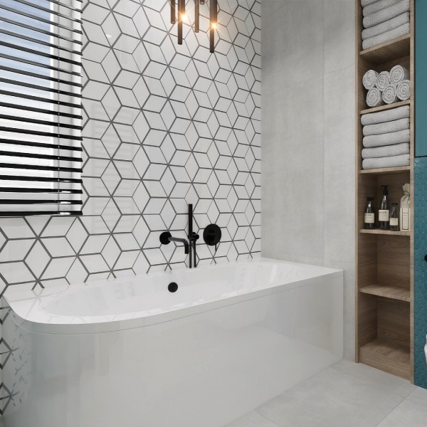 Eklektyzm barw i faktur w projekcie łazienki z oknem!