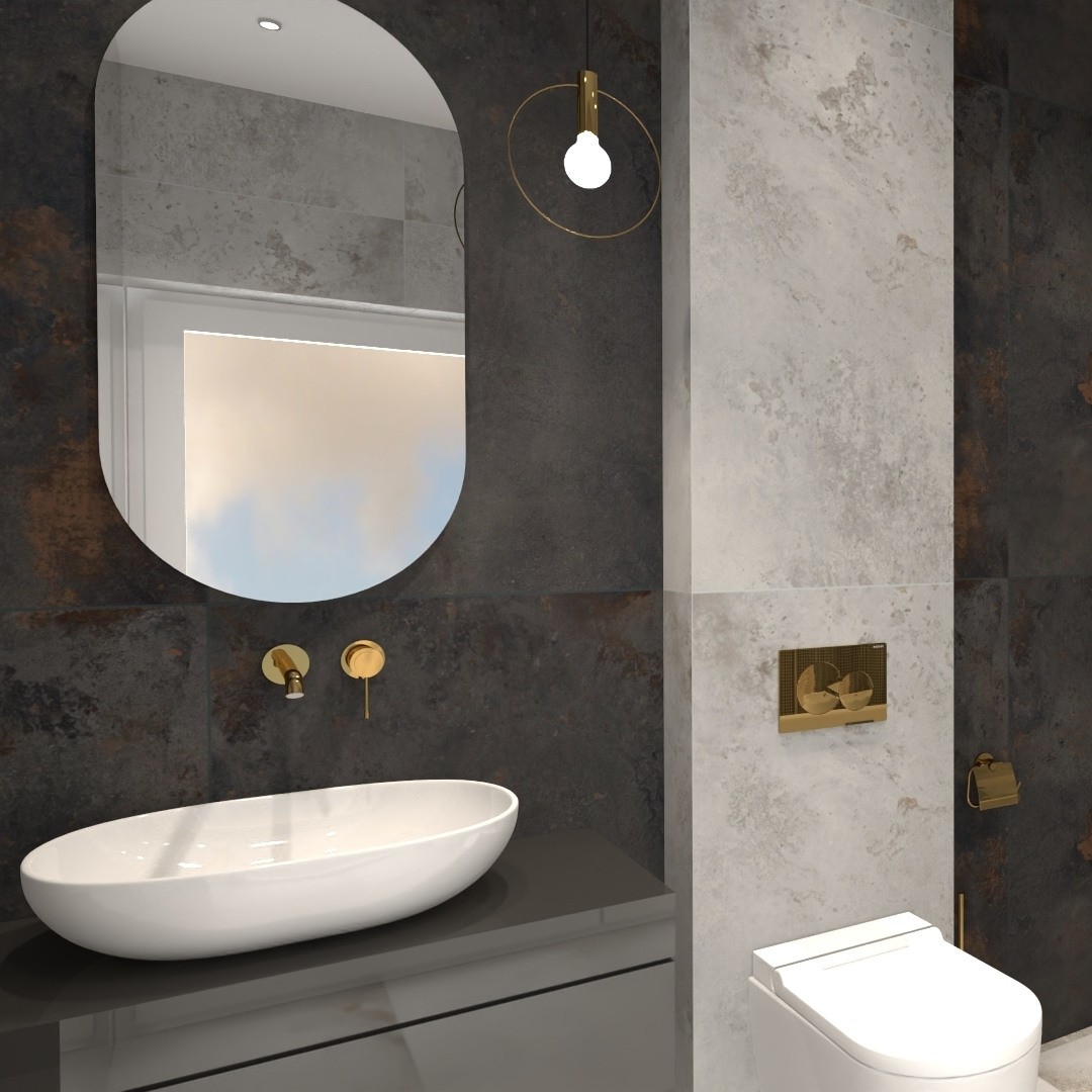 Minimalistyczna łazienka ze złotymi bateriami łazienkowymi!