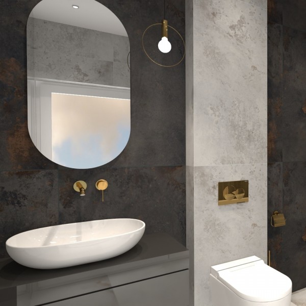 Minimalistyczna łazienka ze złotymi bateriami łazienkowymi!