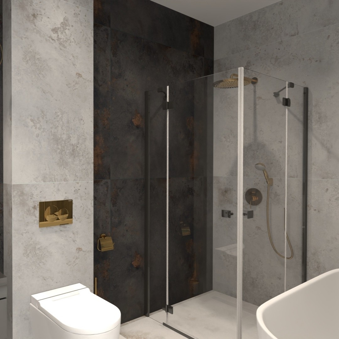 Minimalistyczna łazienka ze złotymi bateriami łazienkowymi!