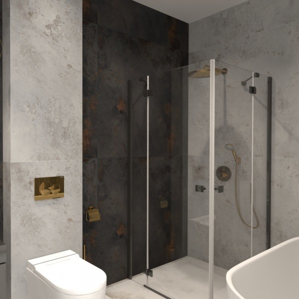 Minimalistyczna łazienka ze złotymi bateriami łazienkowymi!