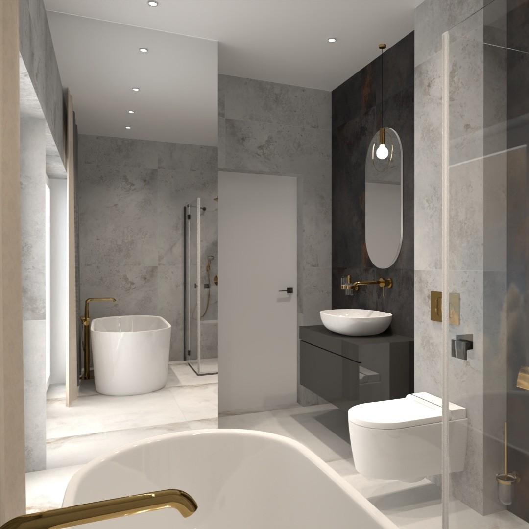 Minimalistyczna łazienka ze złotymi bateriami łazienkowymi!