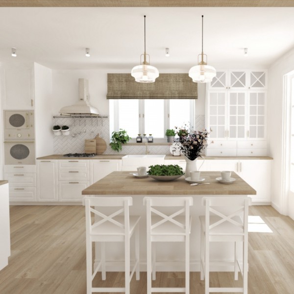 Jasna, rustykalna kuchnia z białym zlewem i drewnem