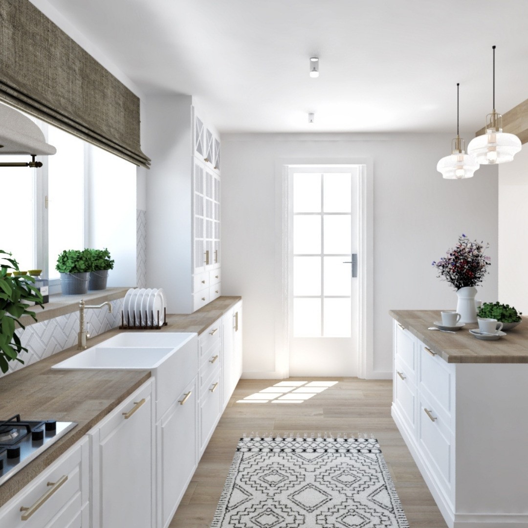 zlewozmywak ceramiczny biały, szkliwiona powierzchnia, kuchnia retro z drewnem