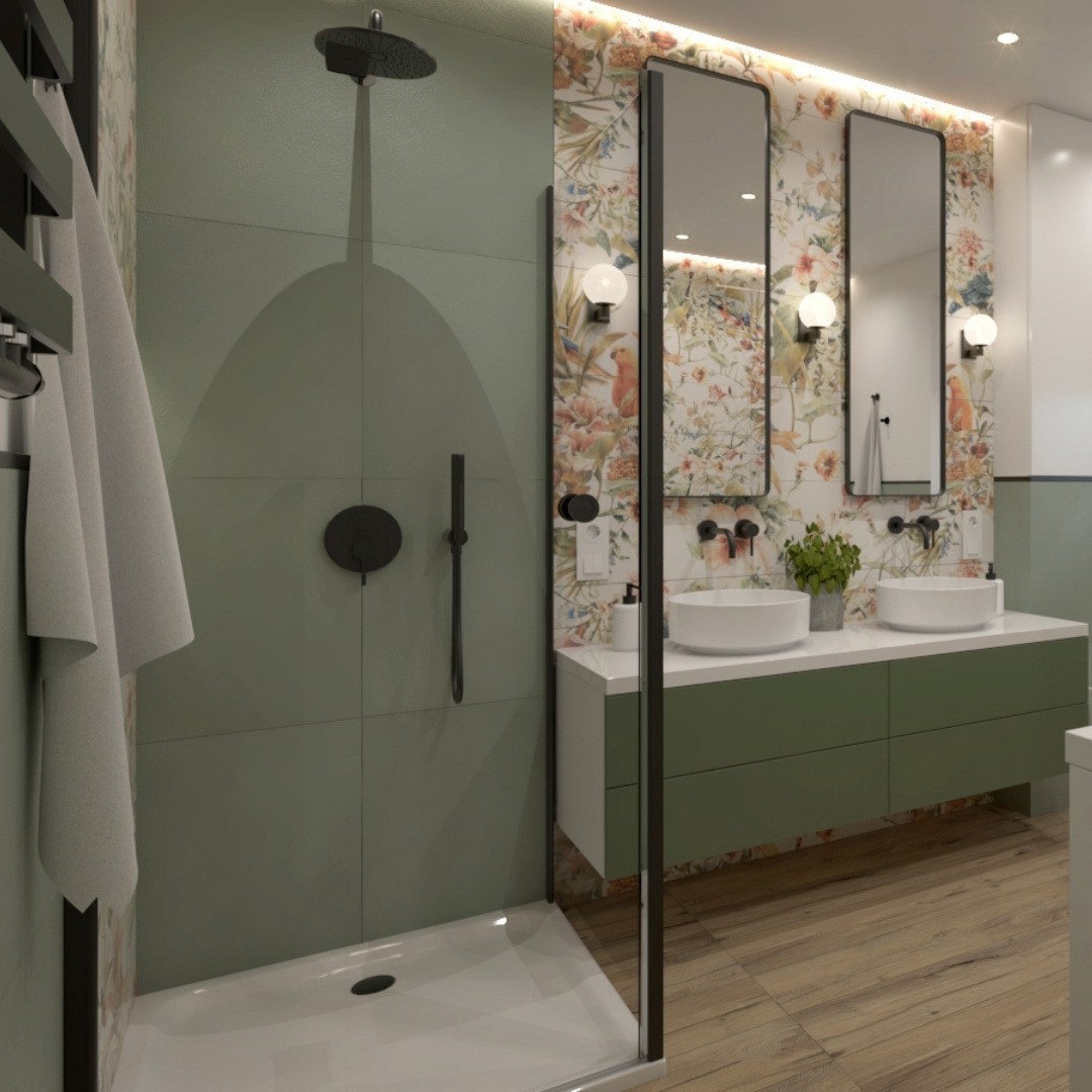 Zielona łazienka z czarnymi bateriami łazienkowymi Giulini Giovanni Futuro!
