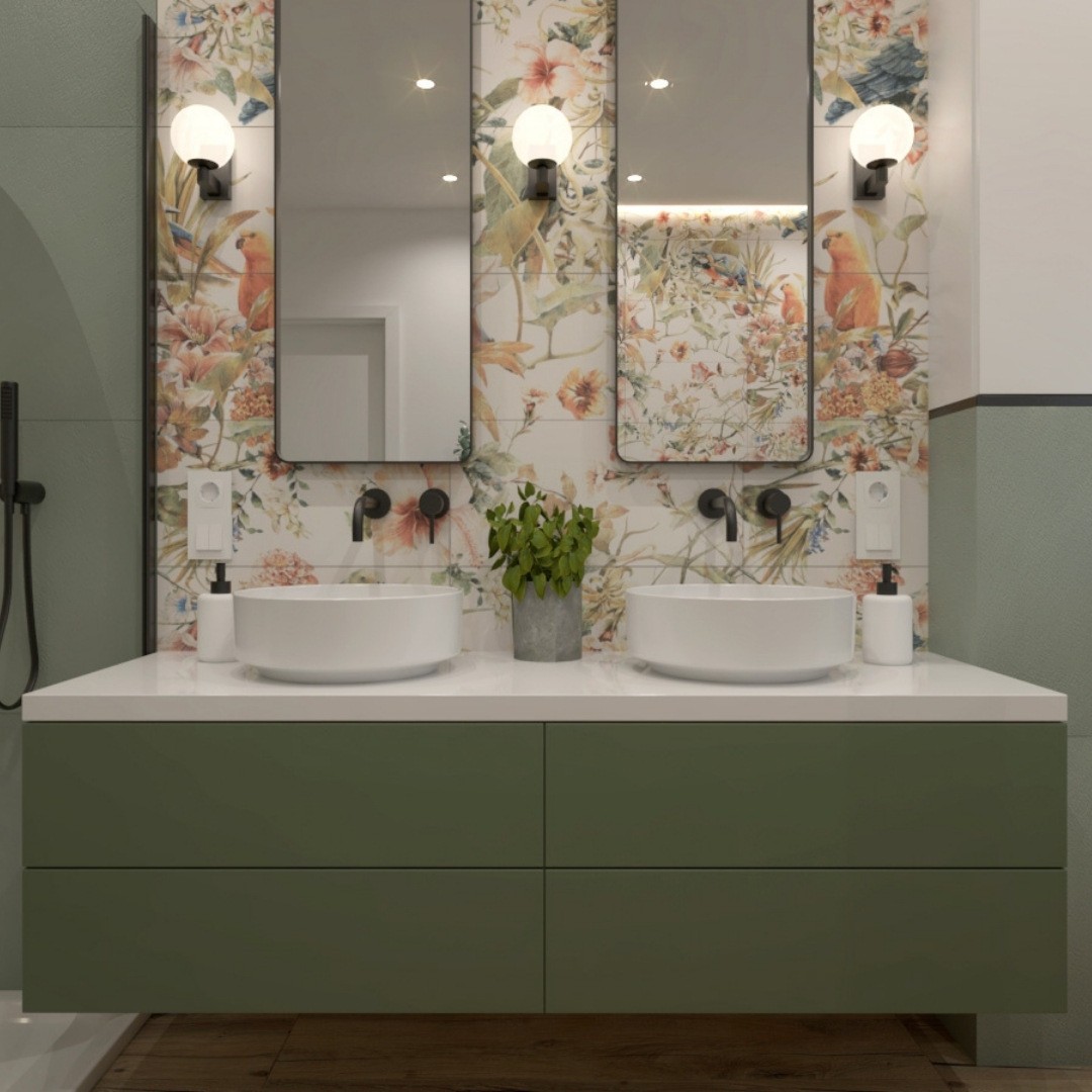 Zielona łazienka z czarnymi bateriami łazienkowymi Giulini Giovanni Futuro!