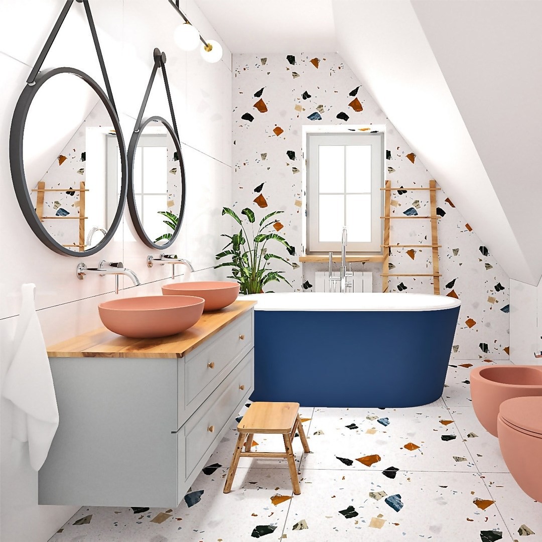 Projekt łazienki dla dzieci z ceramiką łazienkową Massi Molis Salmon!