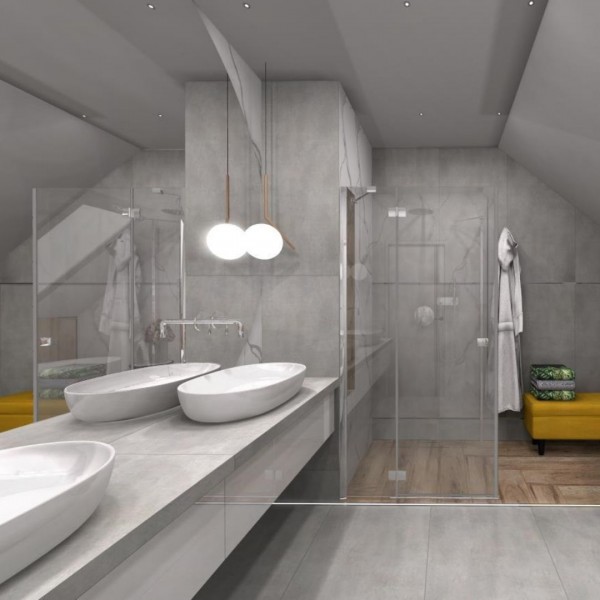 Elegancka łazienka na poddaszu z wanną wolnostojącą!