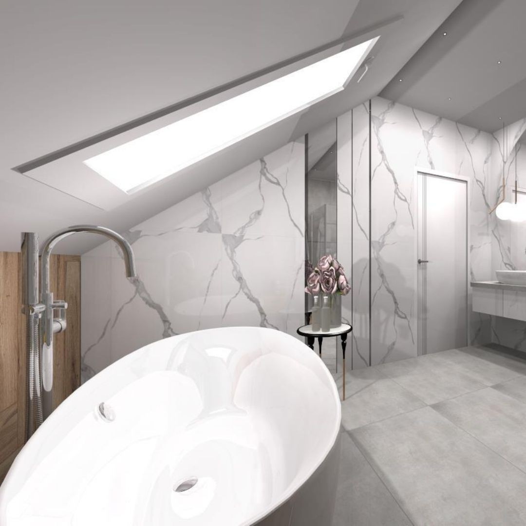 Elegancka łazienka na poddaszu z wanną wolnostojącą!