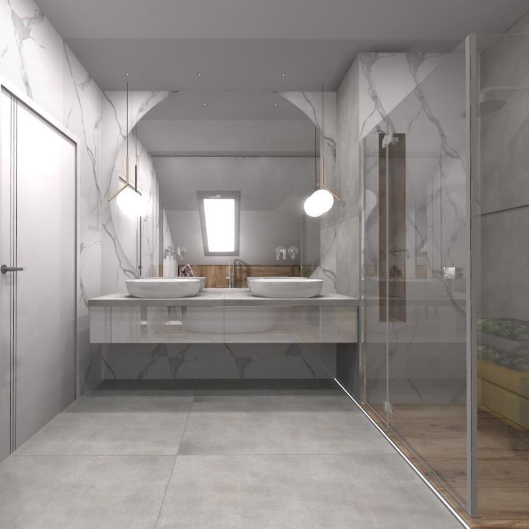 Elegancka łazienka na poddaszu z wanną wolnostojącą!