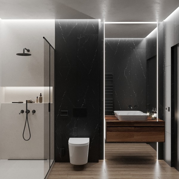 Elegancka łazienka z czarnymi bateriami łazienkowymi!